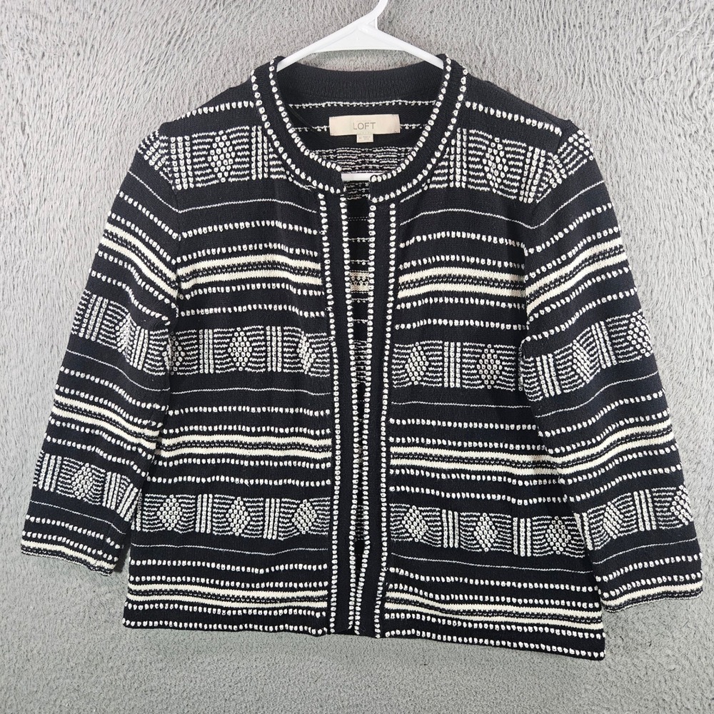 LOFT Ann Taylor Womens Black‎ White Geometric Open Front Cardigan Sweater M